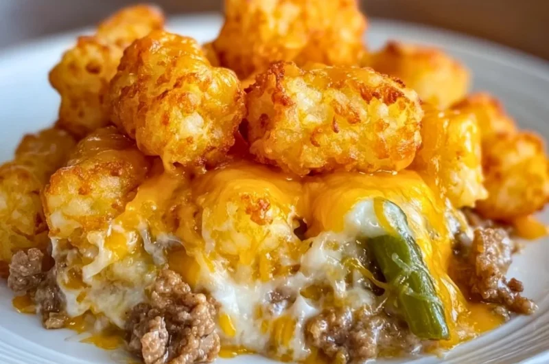 Delicious Tater Tot Casserole with Ground Beef served in a baking dish