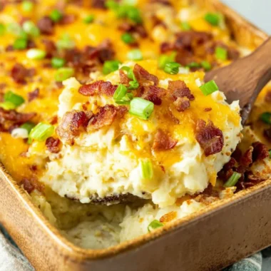 Delicious Twice Baked Potato Casserole topped with cheese and chives