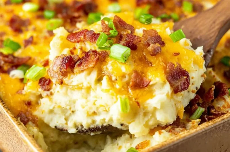 Delicious Twice Baked Potato Casserole topped with cheese and chives