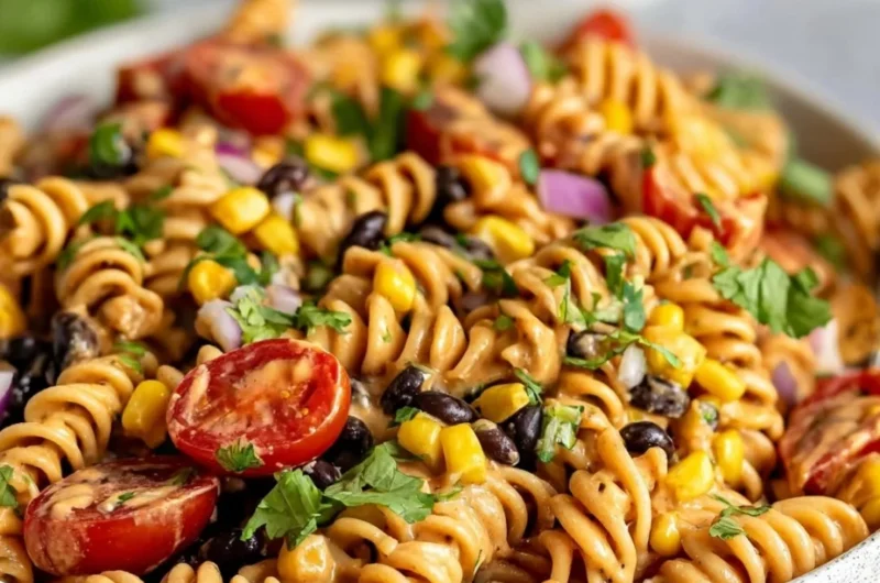 Vegan Southwest Pasta Salad with colorful vegetables and pasta
