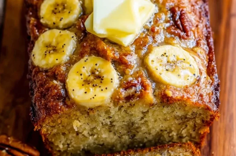 Loaf of freshly baked banana bread topped with sliced bananas