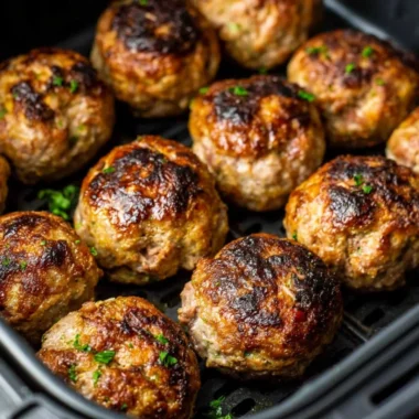 Delicious air fryer meatballs, golden brown and perfectly cooked, served in a bowl.