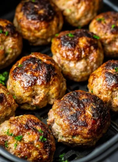Delicious air fryer meatballs, golden brown and perfectly cooked, served in a bowl.