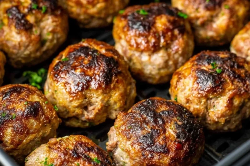 Delicious air fryer meatballs, golden brown and perfectly cooked, served in a bowl.