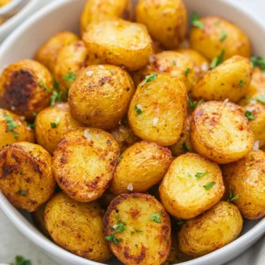 Crispy air fryer roasted potatoes served in a bowl with herbs