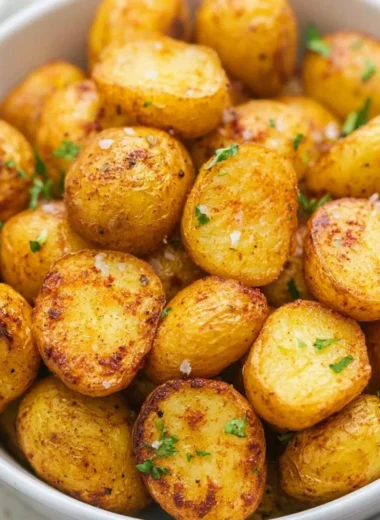 Crispy air fryer roasted potatoes served in a bowl with herbs