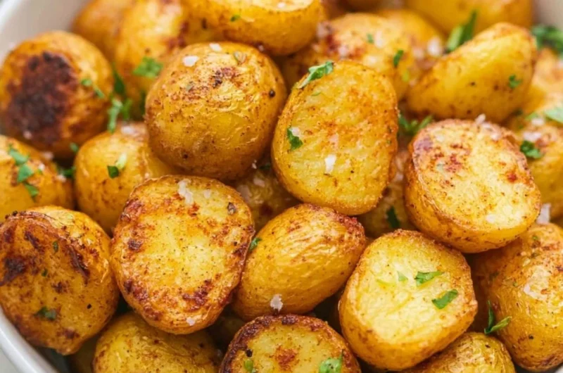 Crispy air fryer roasted potatoes served in a bowl with herbs