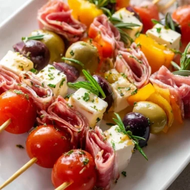 Delicious antipasto skewers with meats, cheeses, and vegetables on wooden sticks.