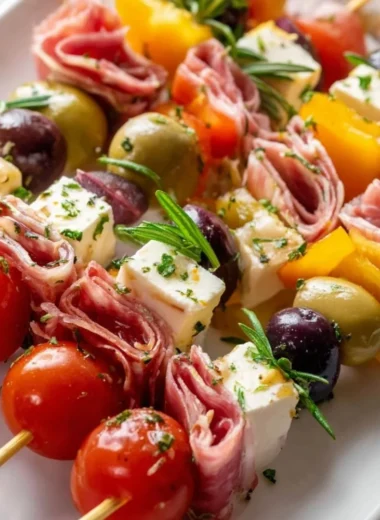 Delicious antipasto skewers with meats, cheeses, and vegetables on wooden sticks.