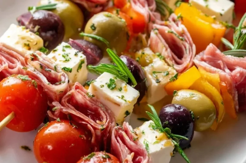 Delicious antipasto skewers with meats, cheeses, and vegetables on wooden sticks.