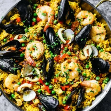 A vibrant plate of authentic paella with seafood, rice, and fresh vegetables.