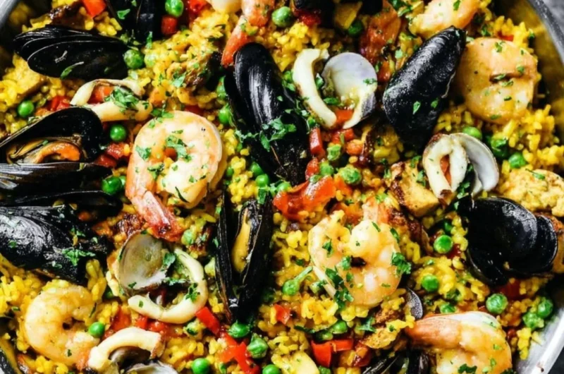 A vibrant plate of authentic paella with seafood, rice, and fresh vegetables.