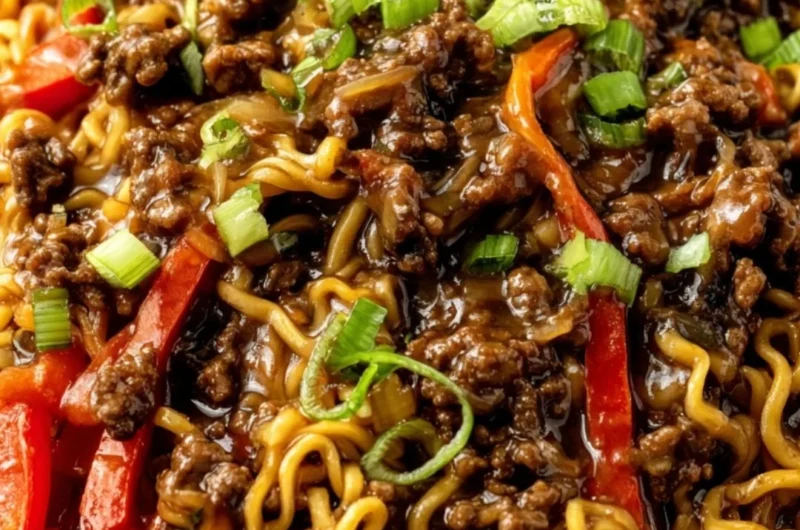 Beef Ramen Noodles Stir Fry with fresh vegetables and tender beef slices