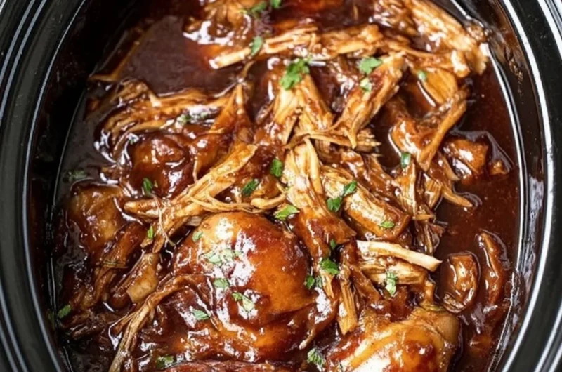 Delicious Crock Pot Bourbon Chicken served with rice and vegetables.