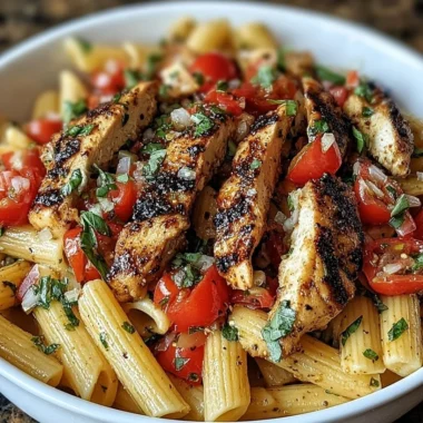 Plate of Bruschetta Chicken Pasta topped with fresh basil and tomatoes.