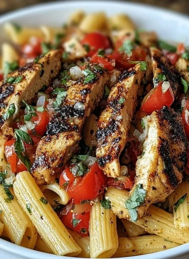 Plate of Bruschetta Chicken Pasta topped with fresh basil and tomatoes.