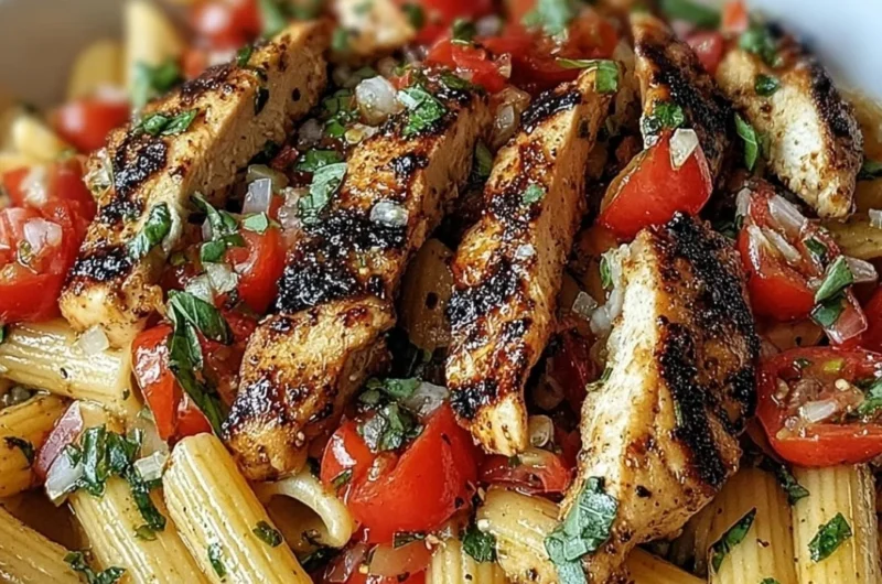 Plate of Bruschetta Chicken Pasta topped with fresh basil and tomatoes.