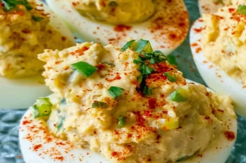 Cajun Deviled Eggs topped with spices and herbs on a serving platter