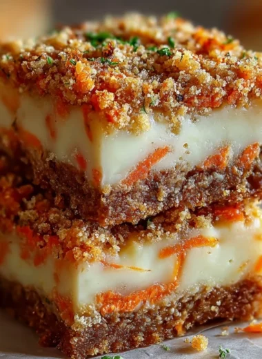 Delicious Carrot Cake Cream Cheese Bars with frosting on a wooden table