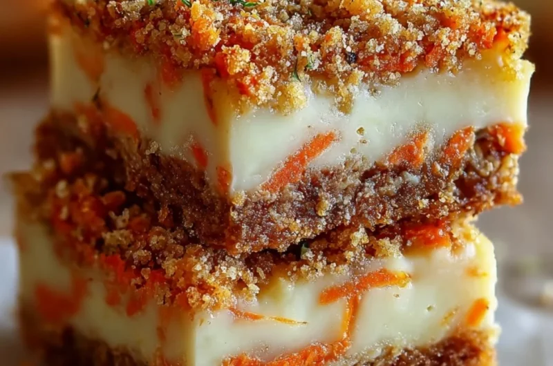 Delicious Carrot Cake Cream Cheese Bars with frosting on a wooden table