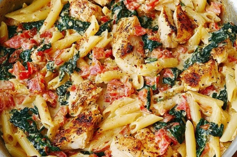 Chicken bacon with spinach and tomatoes in garlic cream sauce dish