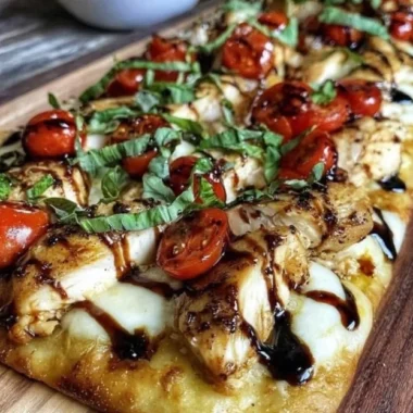 Delicious Chicken Caprese Flatbread topped with basil, mozzarella, and tomatoes