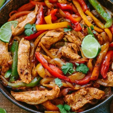 A plate of colorful chicken fajitas with peppers and onions