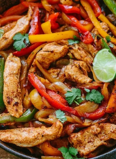 A plate of colorful chicken fajitas with peppers and onions