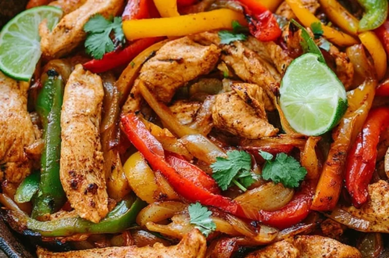 A plate of colorful chicken fajitas with peppers and onions