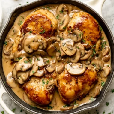 Delicious Chicken Marsala served with mushrooms in a rich wine sauce
