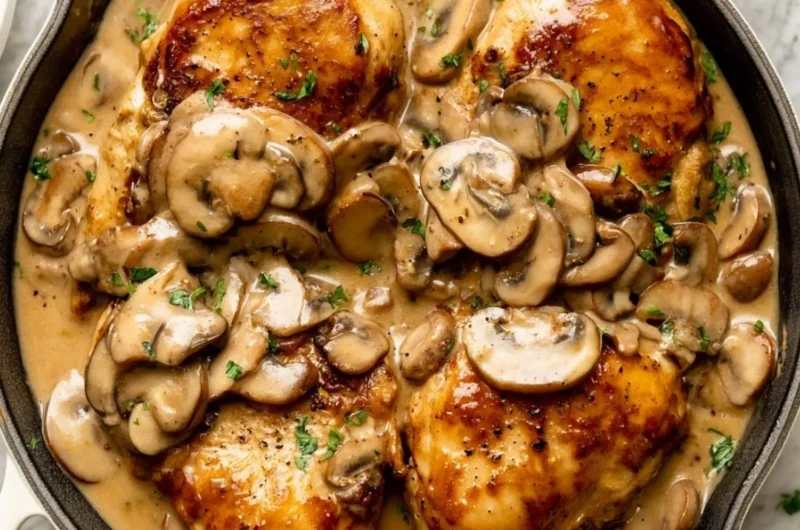 Delicious Chicken Marsala served with mushrooms in a rich wine sauce