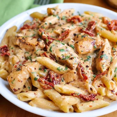 Delicious Chicken Sun-Dried Tomato Pasta topped with creamy mozzarella sauce.