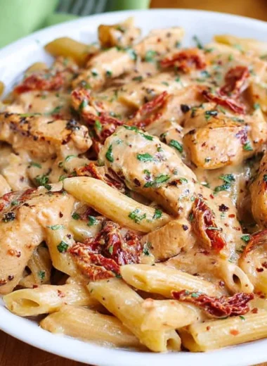 Delicious Chicken Sun-Dried Tomato Pasta topped with creamy mozzarella sauce.