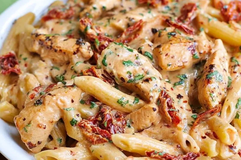 Delicious Chicken Sun-Dried Tomato Pasta topped with creamy mozzarella sauce.