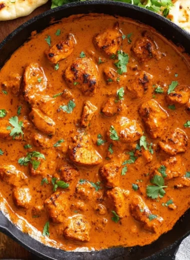 Bowl of Chicken Tikka Masala with naan and garnish