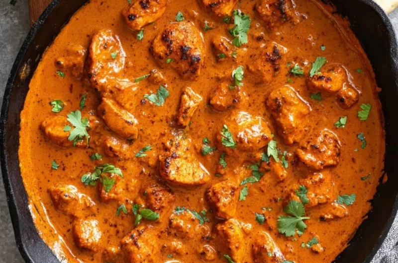Bowl of Chicken Tikka Masala with naan and garnish