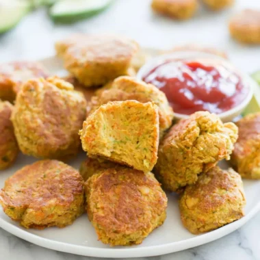 Plate of crispy Chickpea Nuggets with dipping sauce