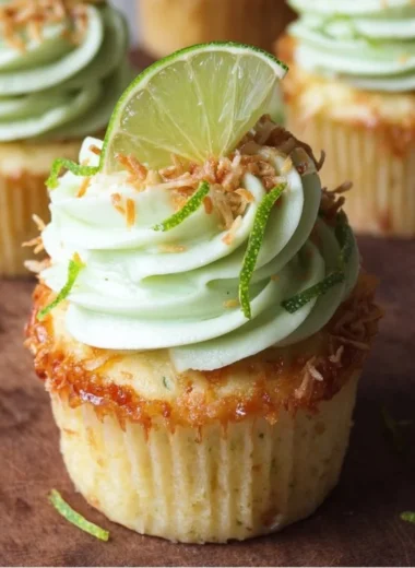 Delicious coconut cupcakes with lime buttercream frosting on a decorative plate
