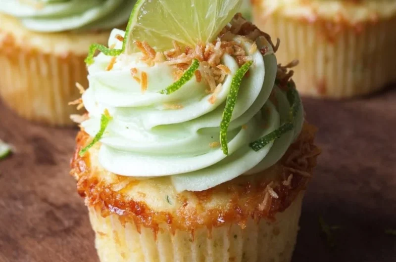 Delicious coconut cupcakes with lime buttercream frosting on a decorative plate