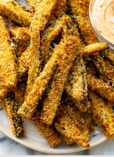 Cozy crispy eggplant fries served with dipping sauce.