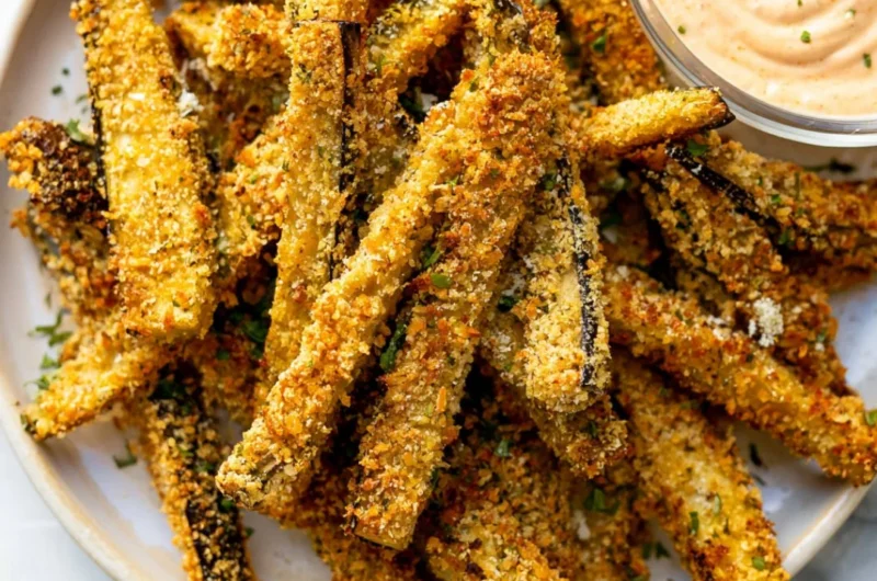 Cozy crispy eggplant fries served with dipping sauce.