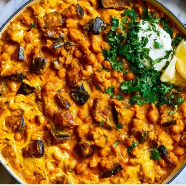 Cozy easy eggplant curry served in a bowl with herbs and spices