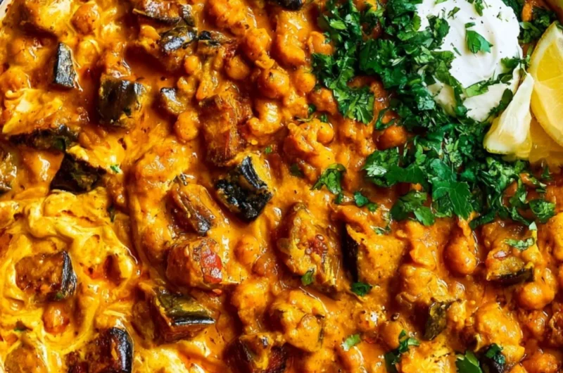 Cozy easy eggplant curry served in a bowl with herbs and spices