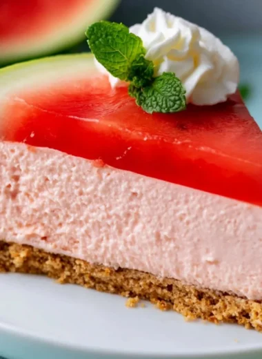 Cozy no-bake watermelon cheesecake topped with fresh watermelon slices