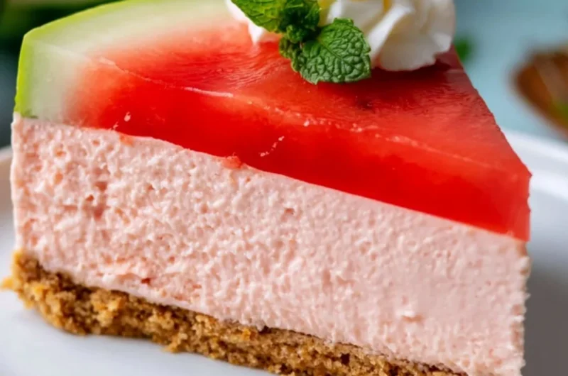 Cozy no-bake watermelon cheesecake topped with fresh watermelon slices
