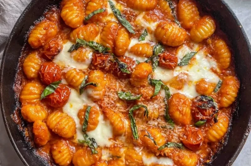 Creamy tomato gnocchi garnished with fresh basil and grated cheese.