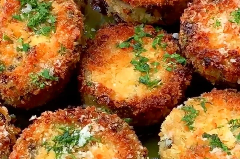 Plate of crispy breaded eggplant slices, golden brown and ready to serve