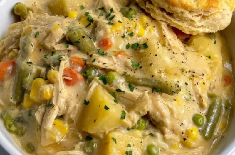 Delicious Crock Pot Chicken Pot Pie with vegetables and flaky crust