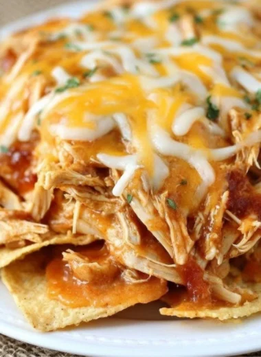 Crockpot Taco Chicken Nachos topped with cheese and jalapeños