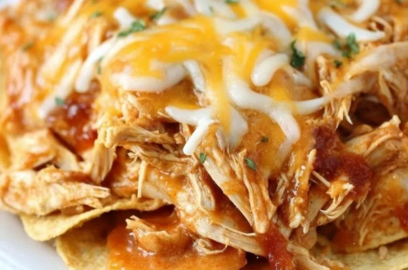 Crockpot Taco Chicken Nachos topped with cheese and jalapeños